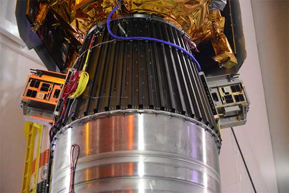 Figure 3: CanX-4 and CanX-5 on PSLV Payload Launch Adapter beneath SPOT-7
